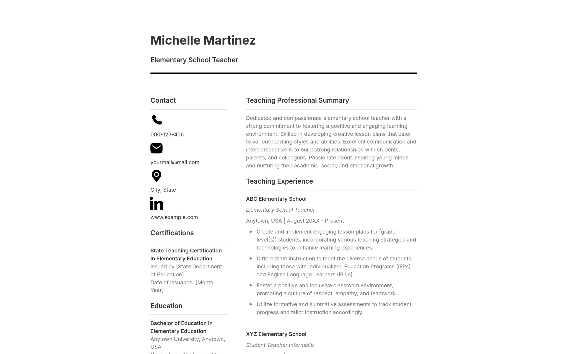 Black & White Minimalist Educator Resume - Clean, minimalist Notion template designed for educators, featuring a black and white color scheme. Perfect for creating a professional and sophisticated presentation of your teaching experience and achievements.