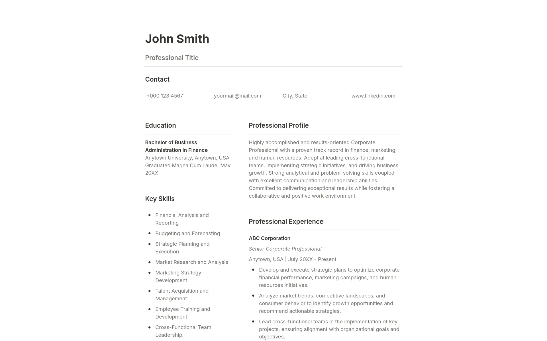 Corporate Professional Resume Template - Sophisticated Notion template designed for corporate professionals. Features a modern, polished layout with sections tailored for business achievements and executive presence. Perfect for corporate leaders and business professionals.