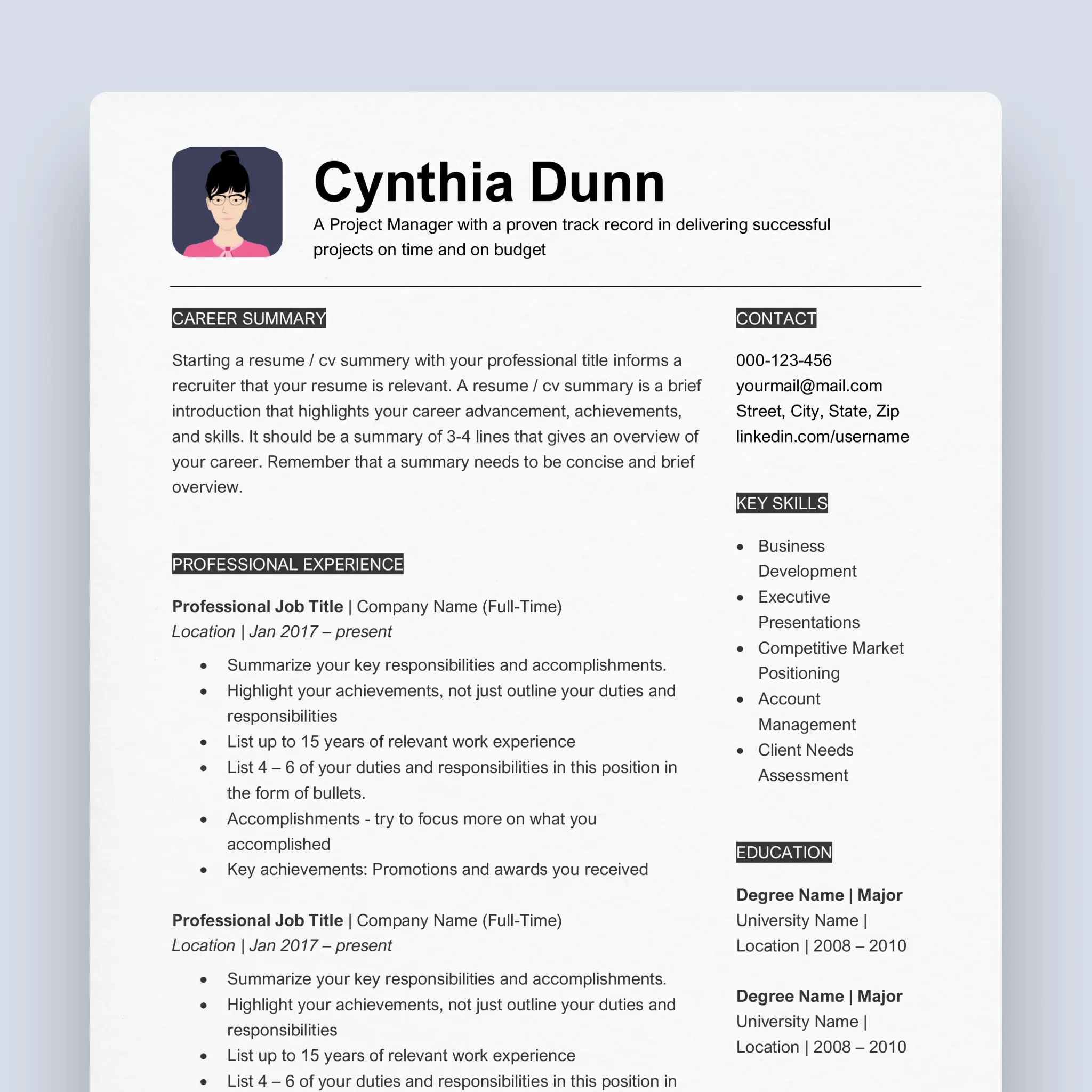 Cynthia - Professional Resume Template - Professional resume template compatible with Microsoft Word, Apple Pages, Google Docs, and more, includes matching cover letter and reference letter.