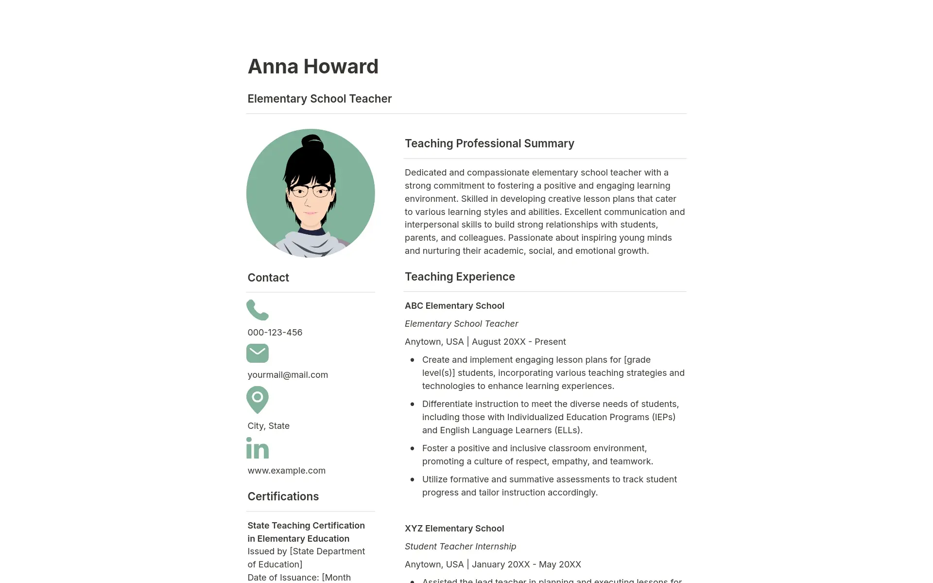 Green Teacher Resume, Cover Letter & References Pack - Fresh and vibrant Notion template pack designed for educators, featuring a green-accented resume, matching cover letter, and references page. Perfect for creating an engaging and professional presentation of your teaching credentials.