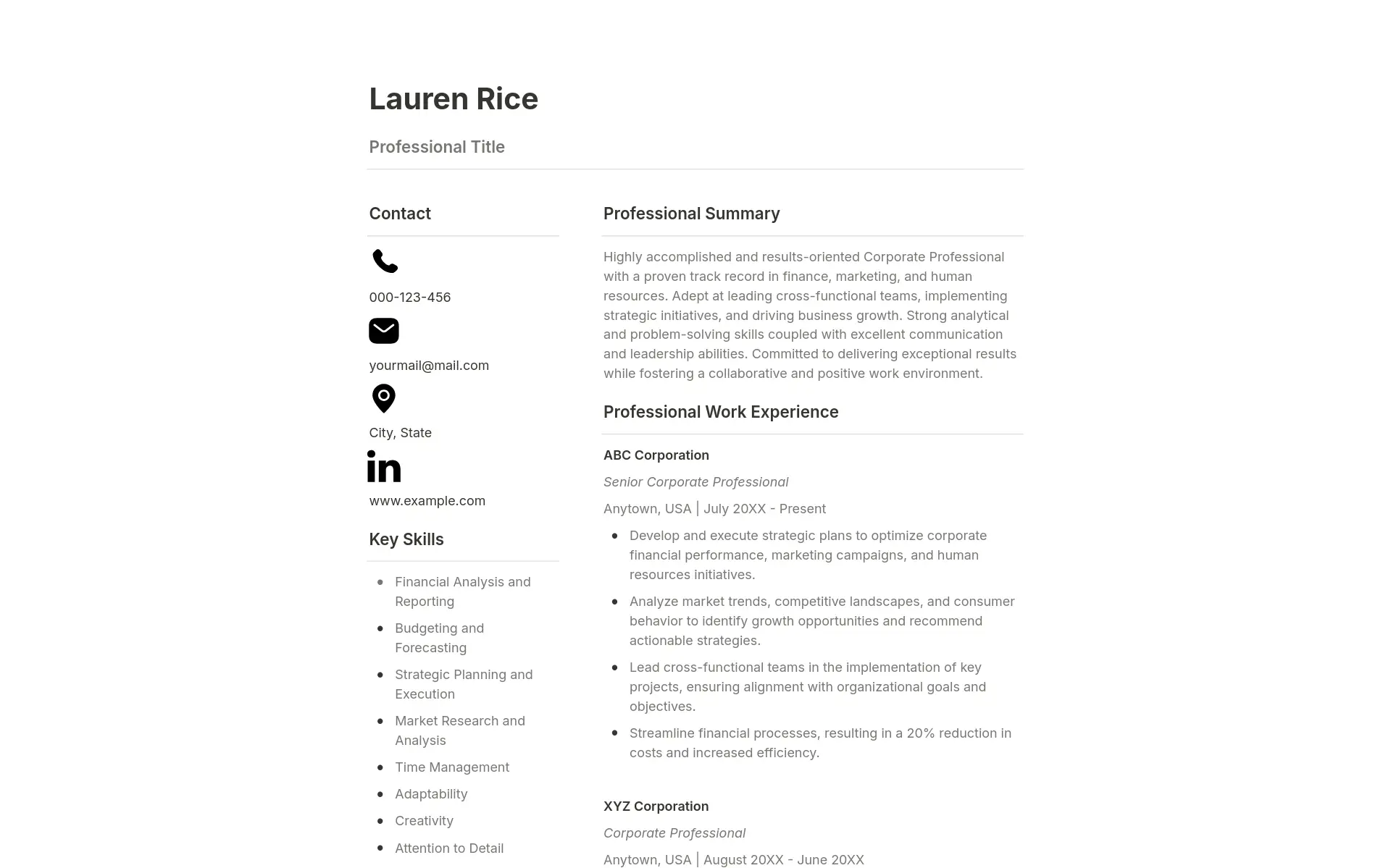 Modern Professional Resume Template - Sleek and contemporary Notion resume template designed for modern professionals. Features a clean layout, customizable sections, and ATS-friendly formatting to help you stand out in today's job market.